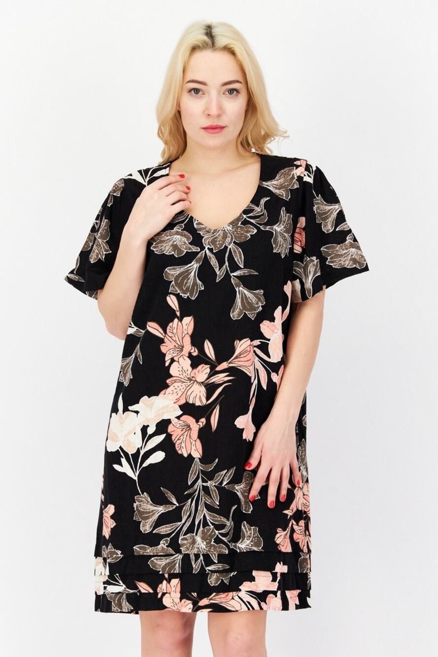 Nicole Miller Black Floral Linen Blend Shift Dress Size XL NEW